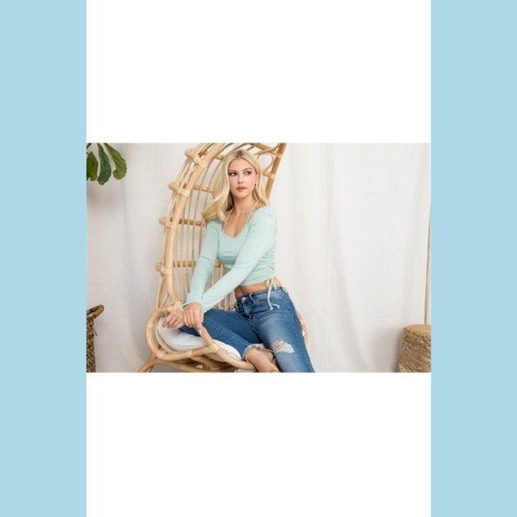 Mint color Long sleeve scoop tie neck drawstring ruched side detail crop… - Picture 4 of 8
